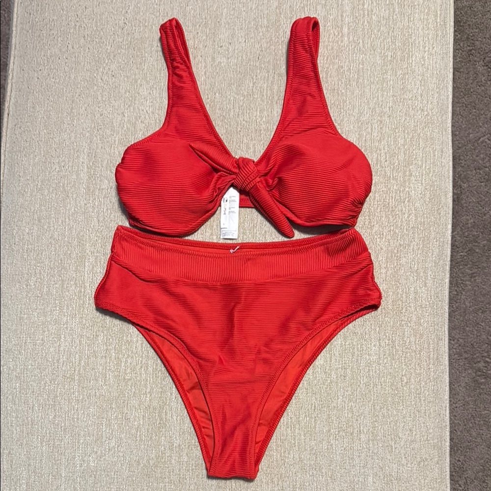 Cupshe Red Ribbed Knot Front High Waist Bikini